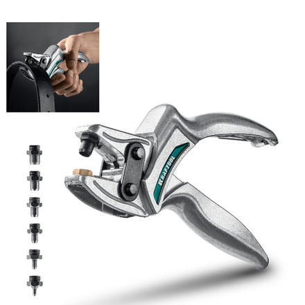 Новинка! Мощный просекатель - дырокол с набором насадок 1-6 мм KRAFTOOL LPP-6 с двухосной системой передачи усилия, для вырубки круглых отверстий в коже, картоне, резине, пластике 22952