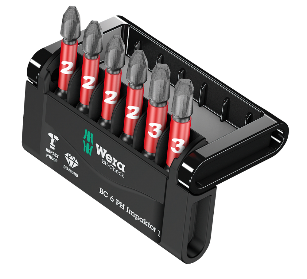 Набор 6 предметов БИТЫ ударные, алмаз Bit-Check 6 PH Impaktor 1 1/4" E6.3 WERA WE-057691