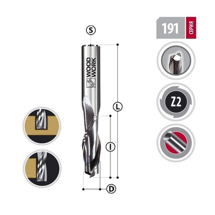 Фреза спиральная 8 х 22 х 60 монолитная твердосплавная Upcut Z2 Cut DLC Woodwork 191.2260.8D