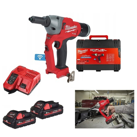 УДОБНЫЙ КОМПЛЕКТ! В кейсе M18 FUEL ONEFPRT-202X: Аккумуляторный заклёпочник ONEFPRT-202X с ONE-KEY, ДВА Аккумулятора M18 B2 2.0 Ач, Быстрое зарядное устройство M12-18 FC Milwaukee 4933478602