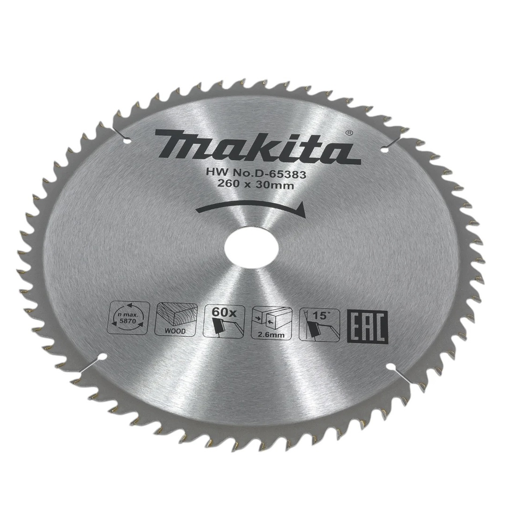 Новинка! Диск пильный по дереву 260 x 2.6 x 30 мм, 60T для использования с дисковой электропилой Makita D-65383