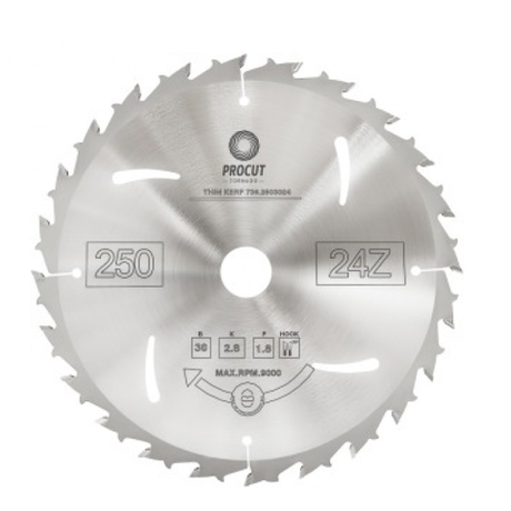 Новинка! Пильный диск PROCUT 250 x 30 x 2.8 / 1.8 Z 24 ATB для продольного пиления по дереву, фанере 736.2503024
