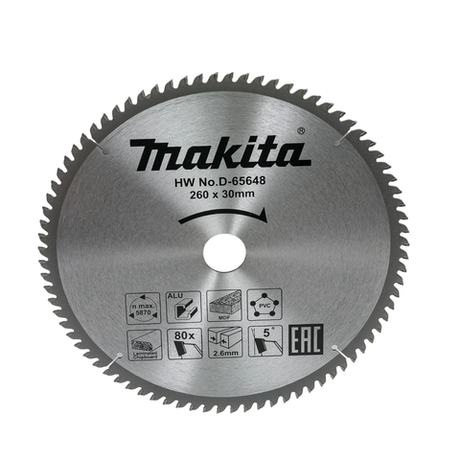 Новинка! Диск пильный универсальный для алюминия, дерева, МДФ, ПВХ 260 x 30 x 80T Makita D-65648