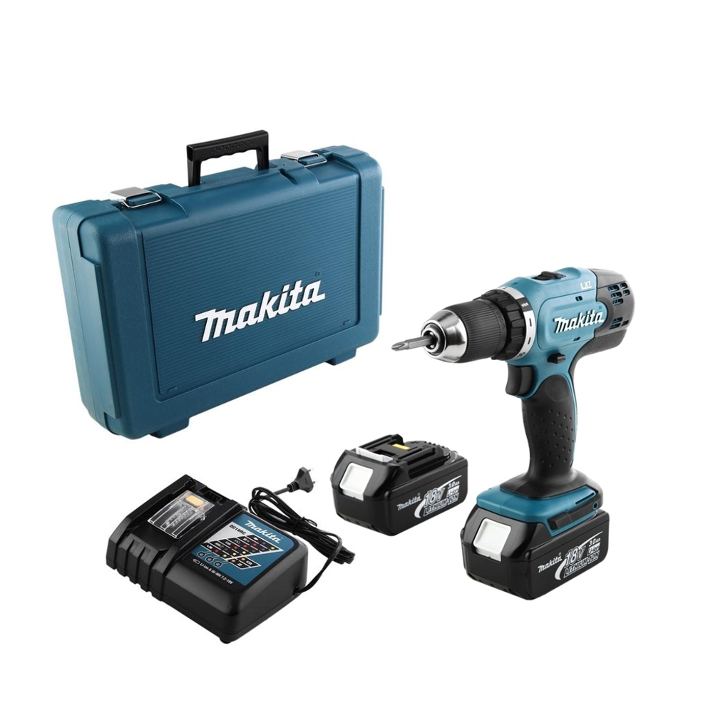 Новинка! КОМПЛЕКТ: Аккумуляторная дрель - шуруповерт Makita LXT 18В, Два аккумулятора 3 Ач, Зарядное устройство, кейс DDF453RFE