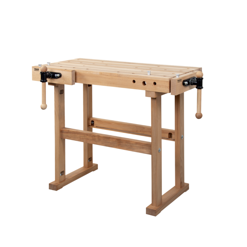 Новинка! Чешский верстак столярный деревянный PINIE Starter 1190 х 630 х 860 мм, столешница из массива бука 90 мм, 2 чугунных тисков York, 24 отверстий 20 мм под фиксаторы Starter1200D20