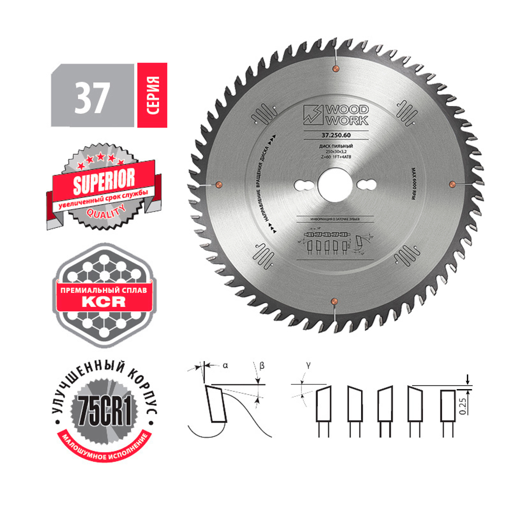 Пильный диск для фанеры 250 х 3.2 х 30H х 60T Woodwork 37.250.60