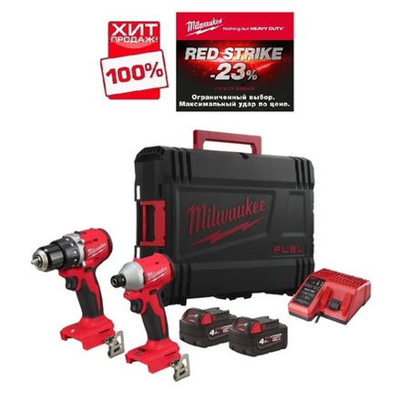 АКЦИЯ RED STRIKE -23% ХИТ! КОМПЛЕКТ аккумуляторный M18 BLCPP2B-402C Дрель - шуруповерт BLDDRC-0C, Винтовёрт BLIDRC-0, 2 шт Аккумулятор B4 4.0 Ач , Зарядное устройство M12-18C в кейсе MILWAUKEE 4933492836