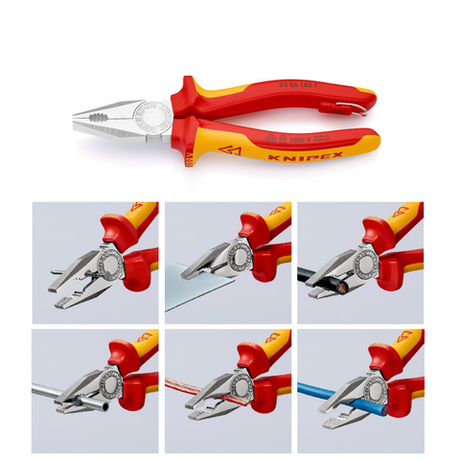 Новинка! Плоскогубцы комбинированные KNIPEX VDE 1000V изолированные 180 мм хром, 2-комп диэлектрические ручки, со страховочным креплением ПАССАТИЖИ KN-0306180T
