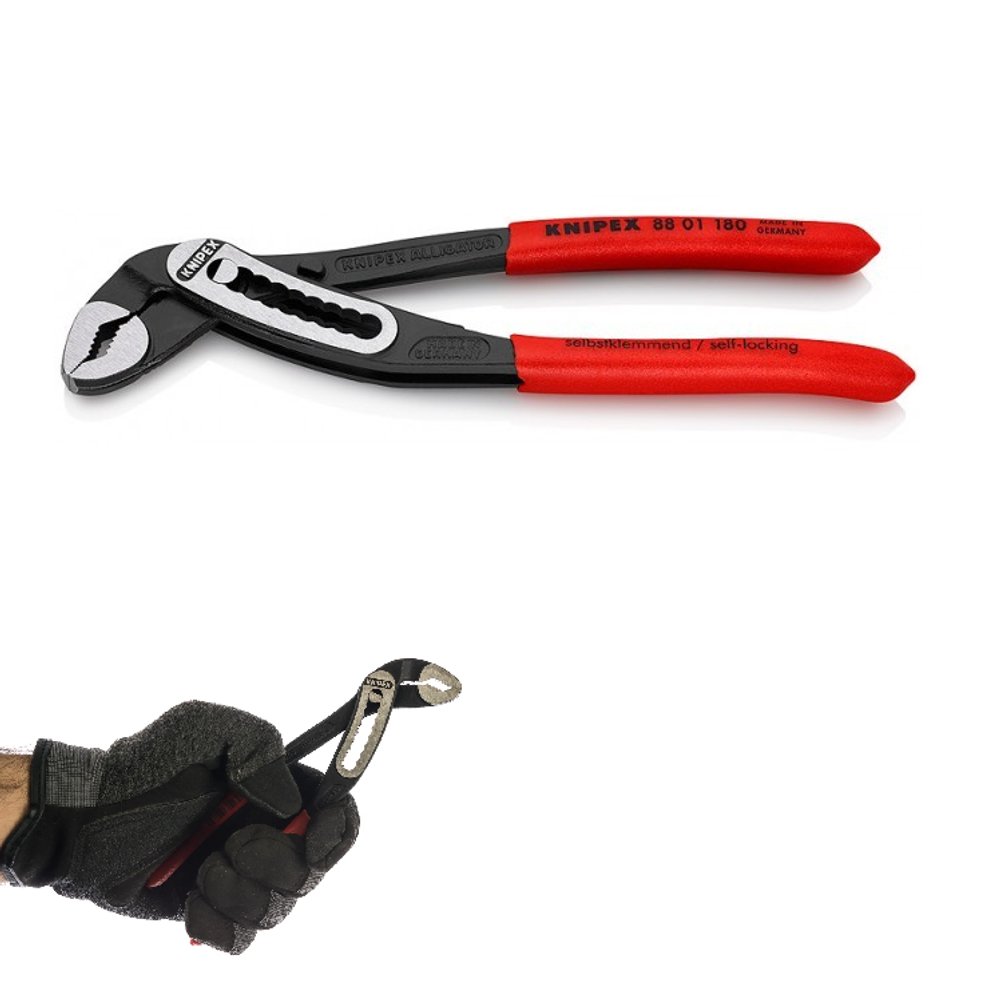 Новинка! Клещи переставные сантехнические KNIPEX ALLIGATOR АЛЛИГАТОР зев 42 мм, длина 180 мм, фосфатированные, обливные ручки KN-8801180