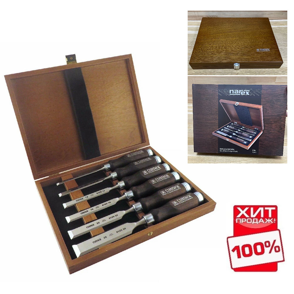 ХИТ! Набор столярных стамесок плоских Wood Line Profi Narex 6 шт в деревянном кейсе (6, 10, 12, 16, 20, 26 мм) 853053