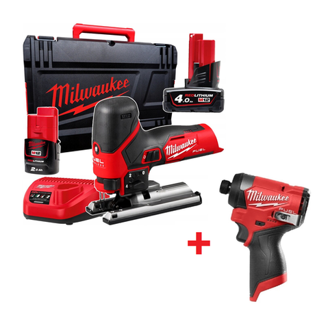 Комплект: Аккумуляторный Лобзик M12 FUEL FJS-422X с 2 аккумуляторами M12 B4 4.0 Ач и B2 2.0 Ач, быстрозарядным устройством 4933493348 и Винтоверт M12 FID2-0 4933479876 MILWAUKEE N076-2AM