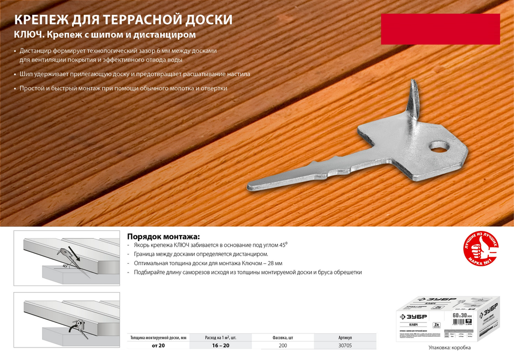 Новинка! Крепеж с шипом для фасадной и террасной доски Ключ 200 шт Zubr, 60 x 30 мм, цинк 307011