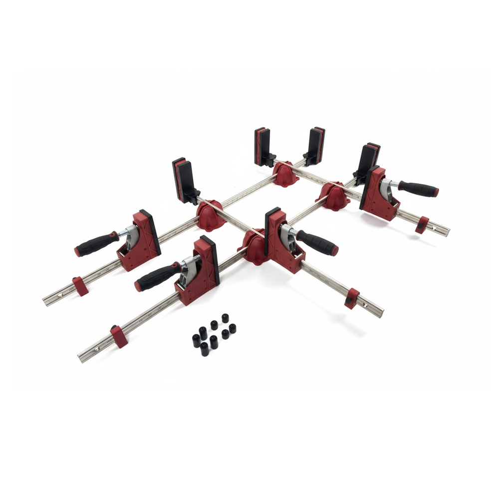 Новинка! Набор 12 предметов JET JC-12: 2 шт Корпусные струбцины длина 1015 мм, 2 шт длина 615 мм, 4 шт Крестовые блоки-стойки, 8 шт Стальные цилиндры для фиксации в стол 19 мм JR031