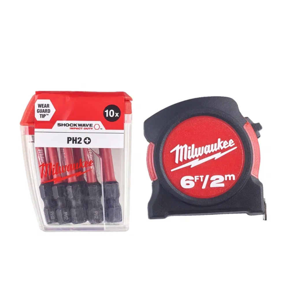 ВЫГОДНО! КОМПЛЕКТ с Рулеткой 2 м / 13 мм 48225502 и Набором Бит 10 шт Shockwave Impact Duty PH2 x 50 мм 4932430855 MILWAUKEE N0114-2AM