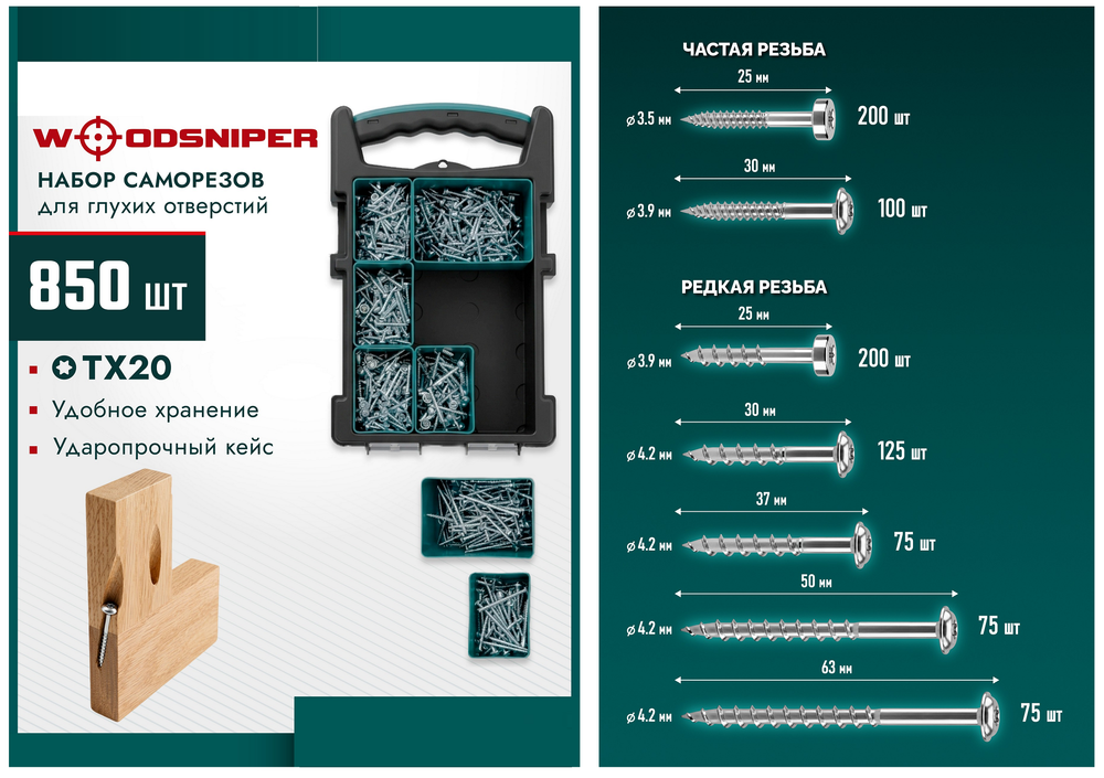 Новинка! Набор саморезов для глухих отверстий 850 шт. KRAFTOOL Woodsniper-PHS в кейсе 30067-PH