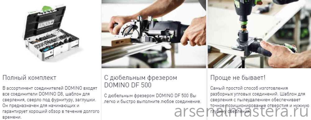 ХИТ! Систейнер с полным ассортиментом соединителей : стяжка и соединители D8, шаблон для сверления, сверло, заглушки для фрезера DF 500 FESTOOL DOMINO KV-SYS D8 576797