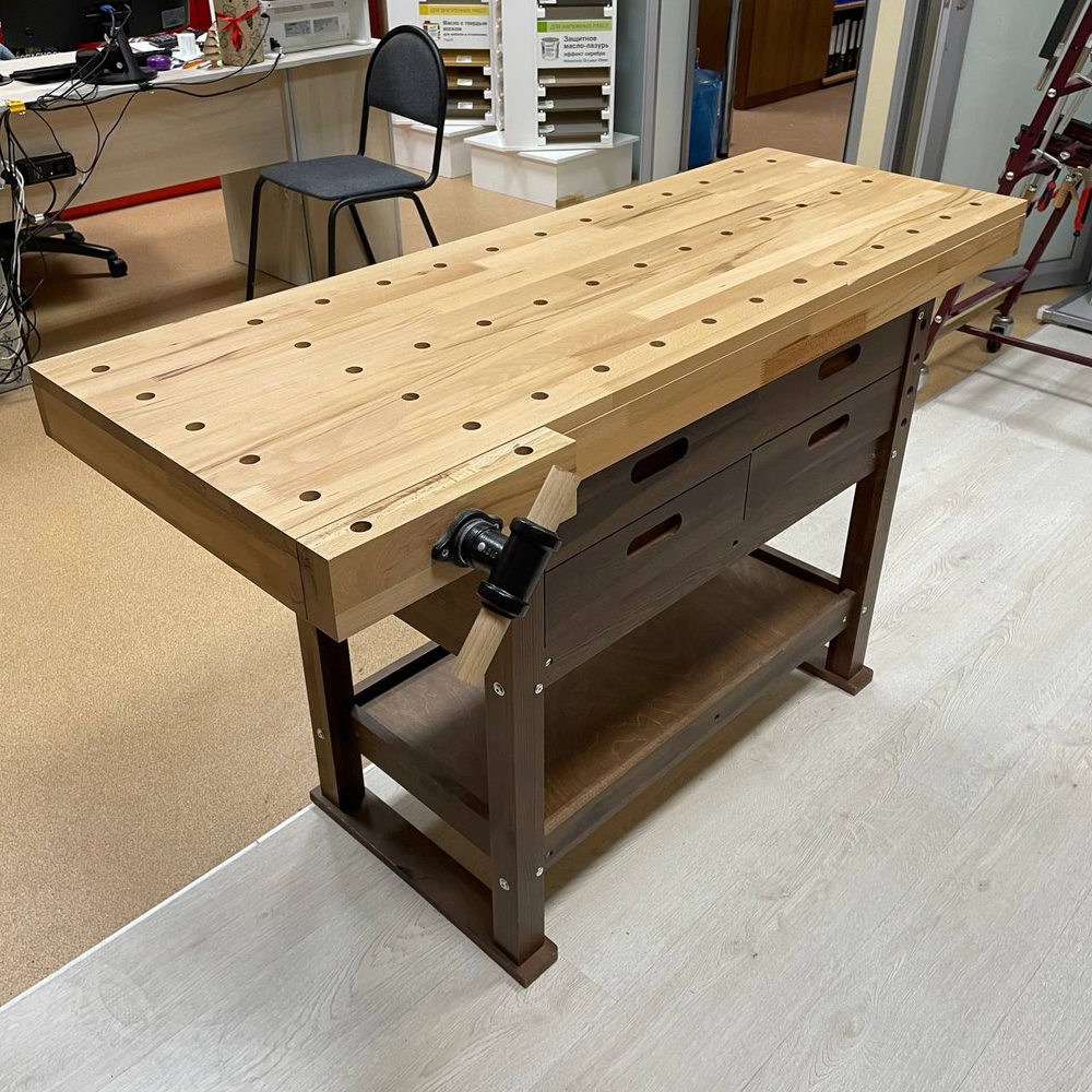 ХИТ! Верстак столярный 140 х 49,8 х 85 см с одними тисками, буковый верх, сосновое основание, 4 выдвижных ящика, цвет тумбы тёмный орех, выставочный образец