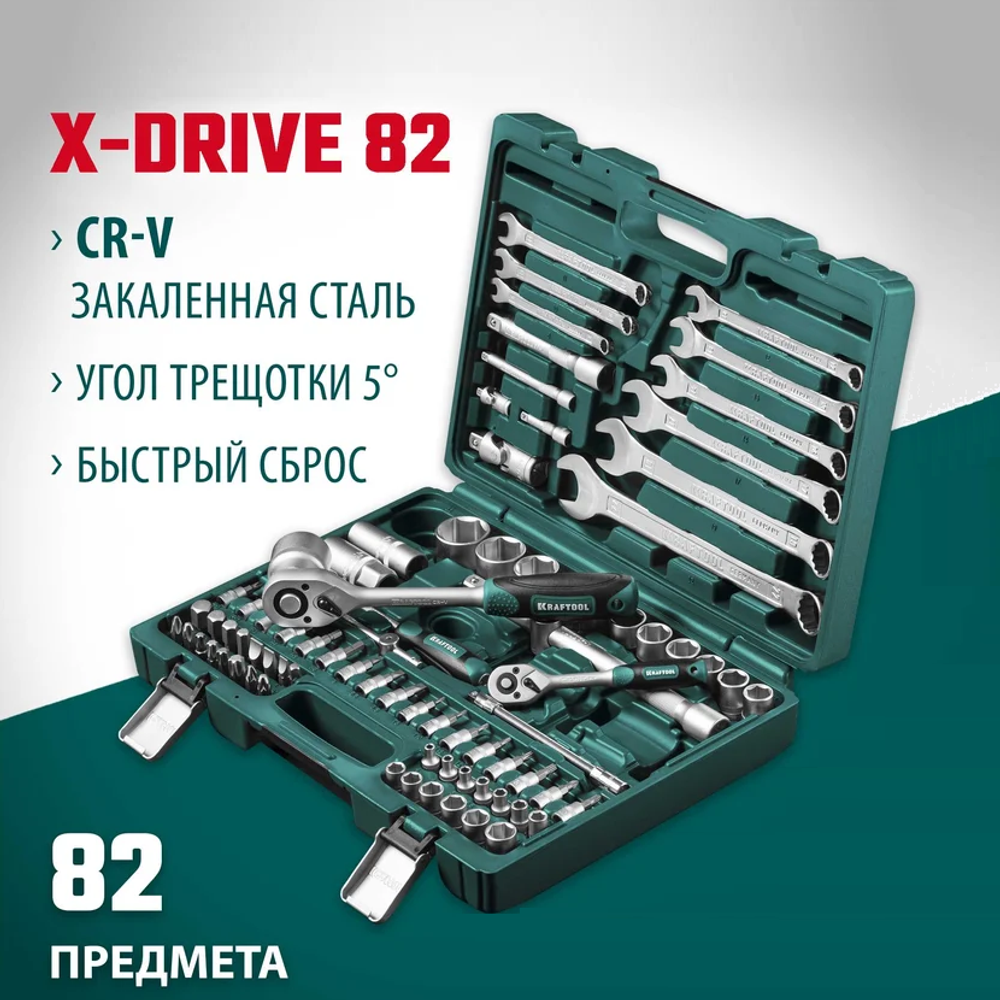 Новинка! Универсальный набор инструментов 82 предмета KRAFTOOL X-Drive 82, 1/2″+1/4″ для работы с крепежом, в кейсе 27887-H82_z03