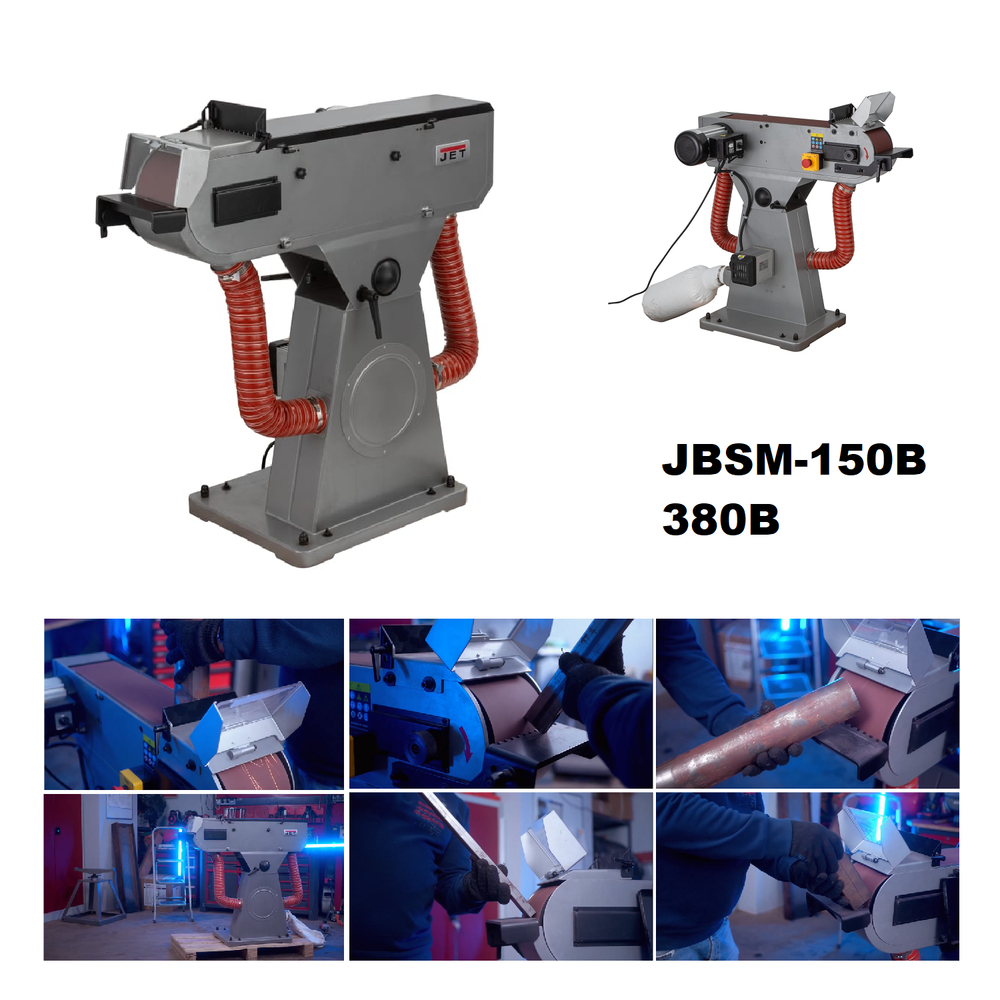 Новинка! Ленточный шлифовальный станок по металлу JET JBSM-150B 380В 3 кВт, с вытяжкой, 2 зоны обработки, шлифлента 150х2000 мм, для снятия заусенцев, зачистки сварных швов, шлифовка поверхностей заготовок, готовых деталей JRM3150T