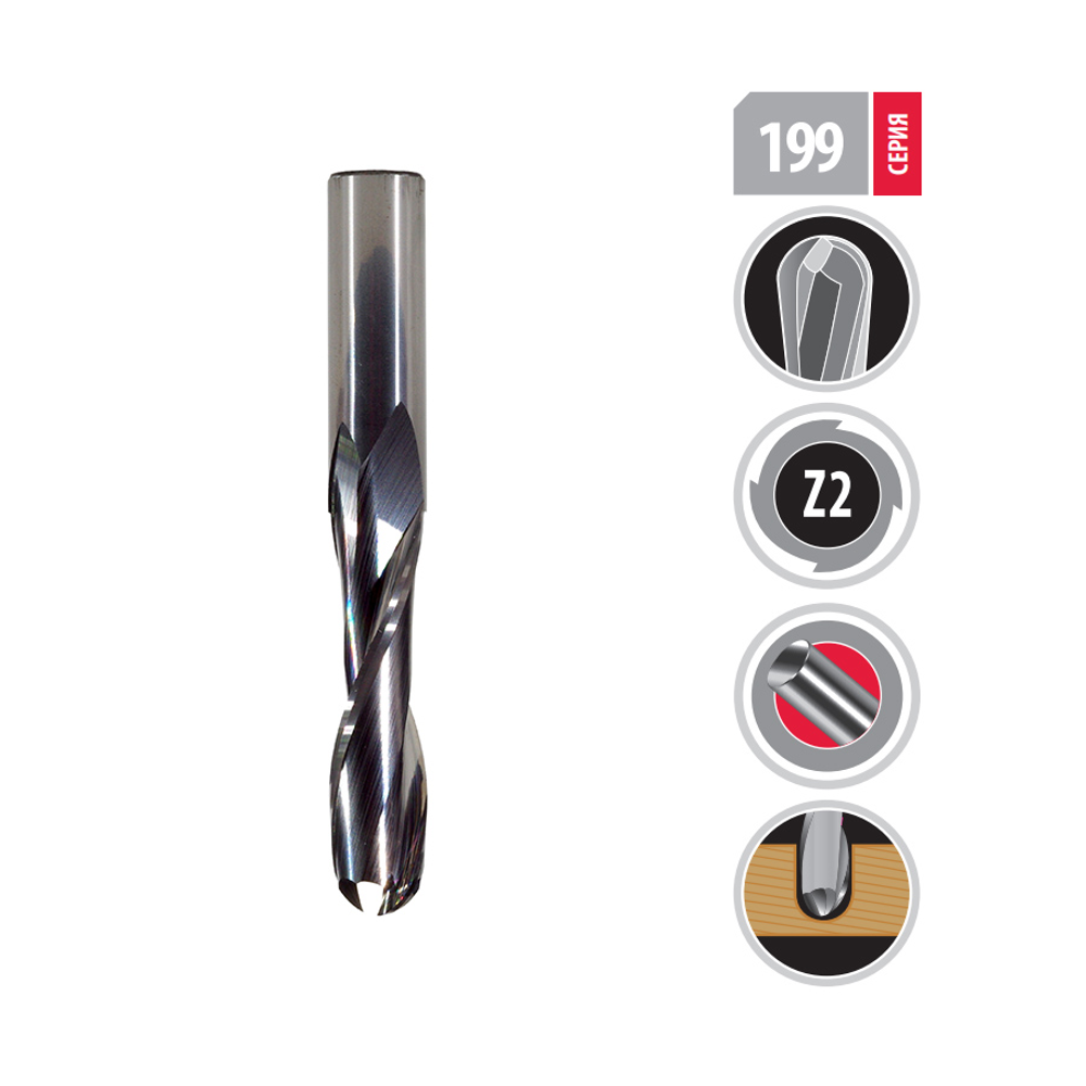 Новинка! Фреза спиральная монолитная Woodwork Z=2 Up Cut с радиусным торцом S=8 R=4,0 I=32 L=60 199.3260.08