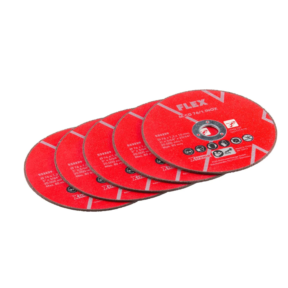 Новинка! Набор 5 шт. Диски отрезные тонкие FLEX 76 мм M-CD 76/1 INOX VE5 для УШМ 533229