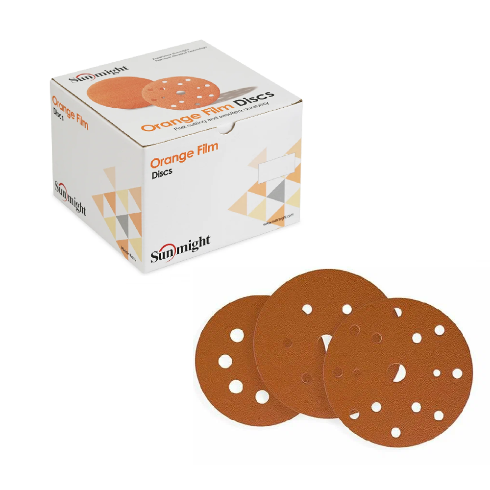 Новинка! Шлифовальные круги 100 шт SUNMIGHT ORANGE FILM Q128OM 150 мм, 15 отверстий, на липучке P 240, оранжевый 21012-100