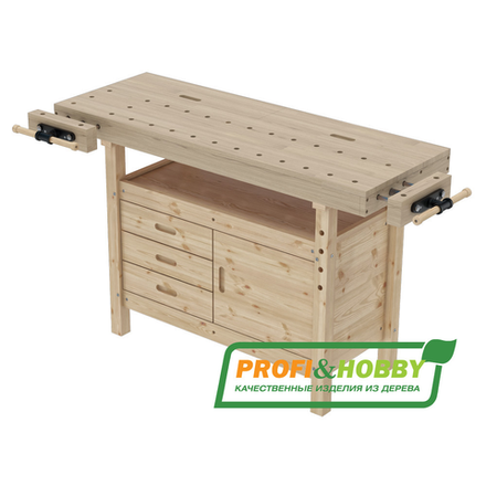 ХИТ! Верстак деревянный Профессиональный ДУБ 136 х 49,8 см 2 комплекта тисков, 2 пенала, 3 ящика, 1 шкаф, полка Цвет тумбы Бесцветный лак PROFI&HOBBY PR-PROFI-D