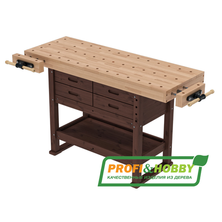 ХИТ! Верстак деревянный Умелец БУК АВК046 140 х 49,8 см с 2 тисками, 4 выдвижных ящика, полка для инструментов Цвет тумбы тёмный орех PROFI&HOBBY PR-U-АВК046