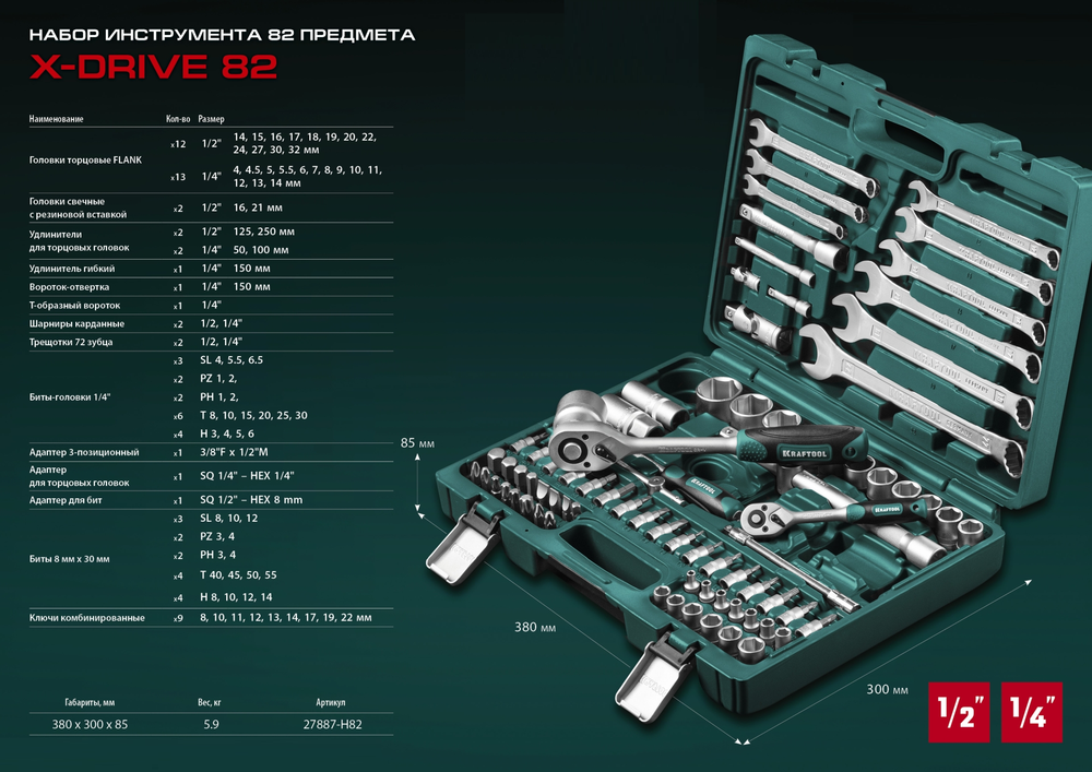 Новинка! Универсальный набор инструментов 82 предмета KRAFTOOL X-Drive 82, 1/2″+1/4″ для работы с крепежом, в кейсе 27887-H82_z03