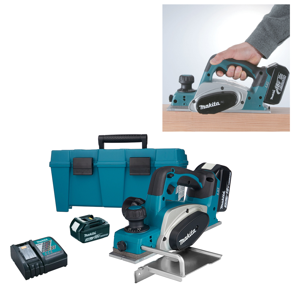 Новинка! КОМПЛЕКТ: Аккумуляторный рубанок Makita LXT 18 В, ДВА Аккумулятора 3,0 Ач, Зарядное устройство, КЕЙС, Макс. ширина строгания 82 мм, глубина 2 мм, Мах глубина выборки четверти 9 мм DKP180RFE