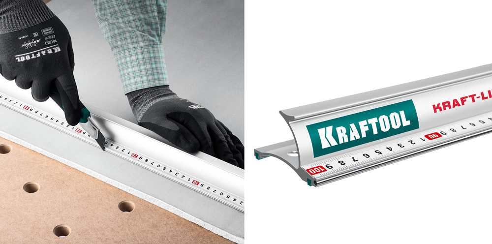 Новинка! Усиленная алюминиевая линейка KRAFTOOL Kraft-line 100 см со стальной направляющей, в тубе 34275-100