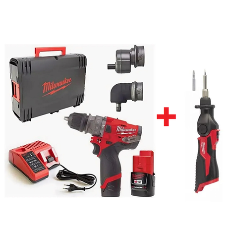 Комплект: Аккумуляторная Ударная дрель со съемными насадками M12 FPDXKIT-202X с 2 аккумуляторами, быстрозарядным устройством 4933464138 и Паяльник M12 SI-0 4933459760 MILWAUKEE N068-2AM