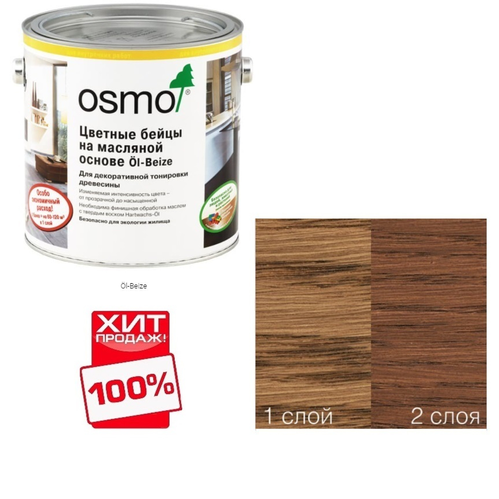ХИТ! Цветные бейцы на масляной основе для тонирования деревянных поверхностей Osmo 3543 Коньяк 2,5 л Ol-Beize для внутренних работ Osmo-3543-2,5 15100829