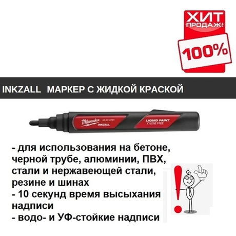 ХИТ! Маркер строительный черный 1 шт на основе жидкой краски INKZALL Black-LP Milwaukee 48223731