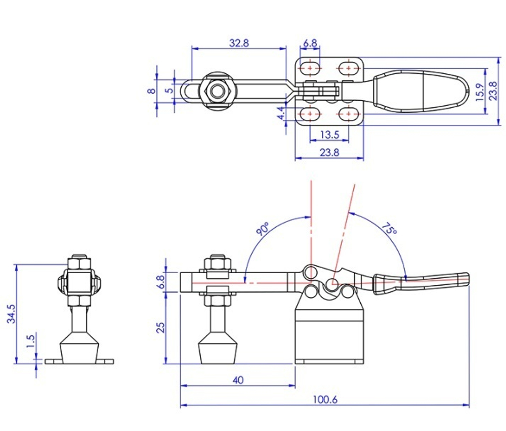 ХИТ! Зажим механический с горизонтальной ручкой усилие 40 кг Woodwork GH-201-H