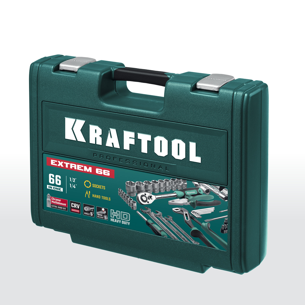 Новинка! Универсальный набор инструментов 66 предметов KRAFTOOL EXTREM-66, 1/2″+1/4″ для работы с крепежом, в кейсе 27976-H66_z01