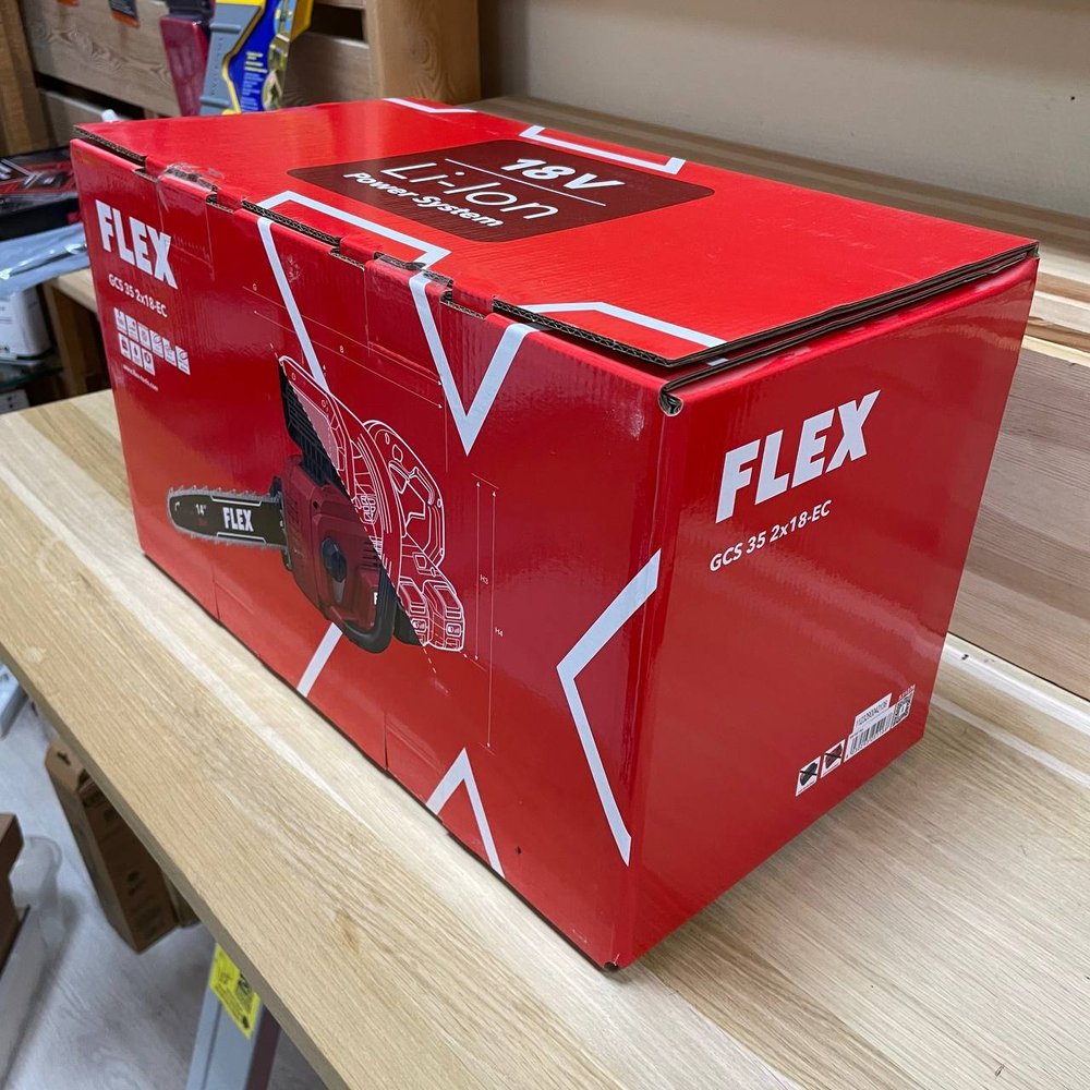 Новинка! Аккумуляторная цепная мощная пила FLEX GCS 35 2x18-EC для обрезки древесины толщиной 30 см 531276