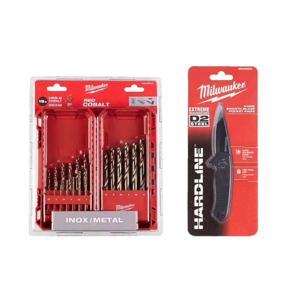 АКЦИЯ 2025 ЗИМНИЕ ПОДАРКИ! КОМПЛЕКТ с Ножом складным выкидным HARDLINE 4932492452 по цене Набора сверл по металлу 19 шт. HSS-Co 1-10 мм 4932493867 MILWAUKEE ACC2511007