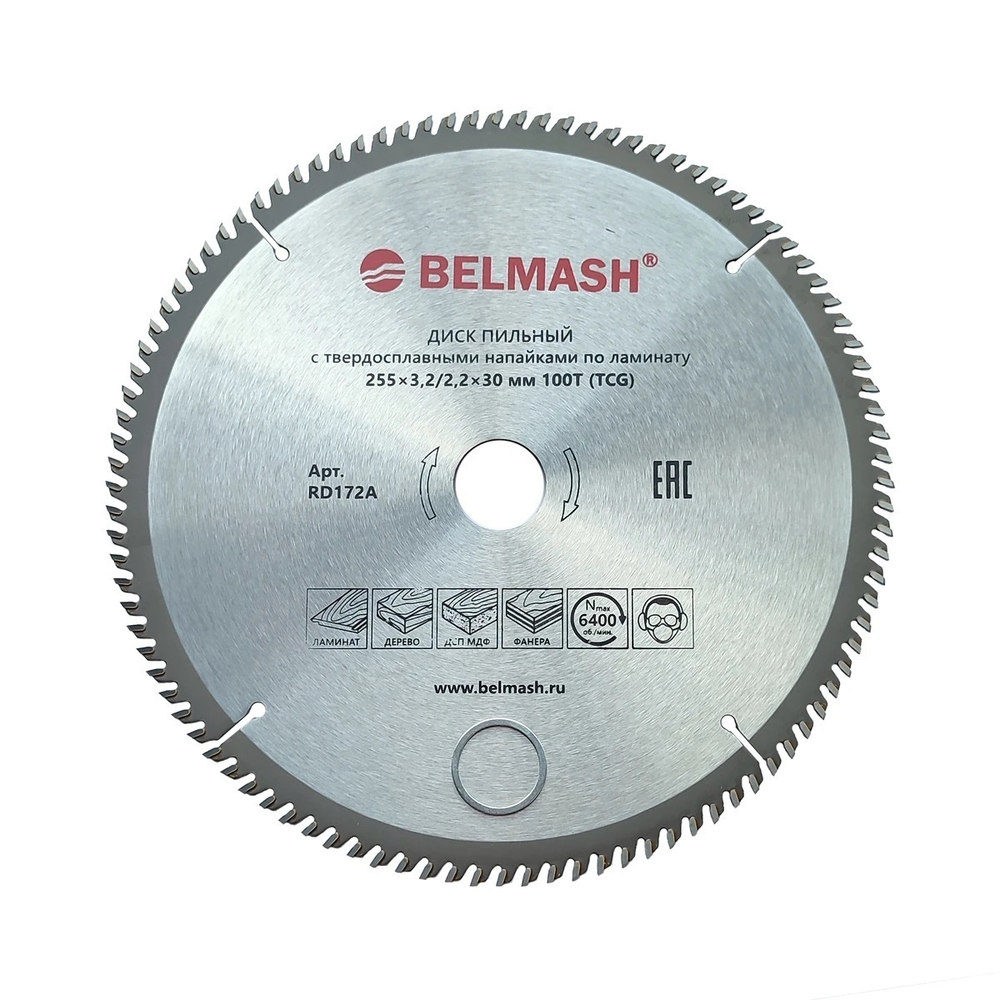 Диск пильный по ламинату, фанере, МДФ, ДСП, ОСП 255 x 3,2 / 2,2 x 30 мм 100T BELMASH RD172A