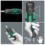 АКЦИЯ 2025! Динамометрическая отвертка WERA Kraftform Safe-Torque Speed 7515 2-6 Нм, надёжный механизм срабатывания ключа с быстрым переключением на реверс и 5 значений момента затяжки по выбору 2-6 Нм и с 1 фиксированным положением WE-075815