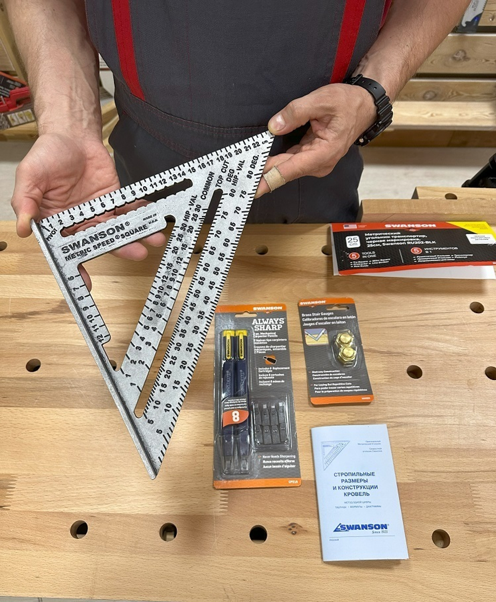 ХИТ! Угольник оригинальный метрический 250 мм для плотника и столяра Metric Speed Square Sw-250 с русской книжкой - инструкцией с Черной разметкой Swanson MT202-BLK
