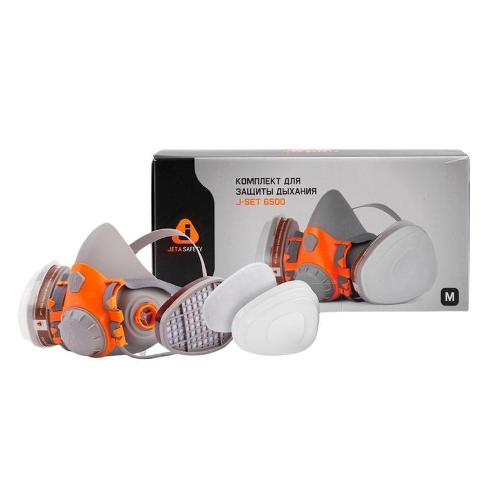 Комплект защитный Jeta Safety 6500 : Полумаска 1 шт, фильтры A1 2 шт, предфильтры P2 4 шт, держатели 2 шт, перчатки нитриловые 1 пара, размер М 1292891