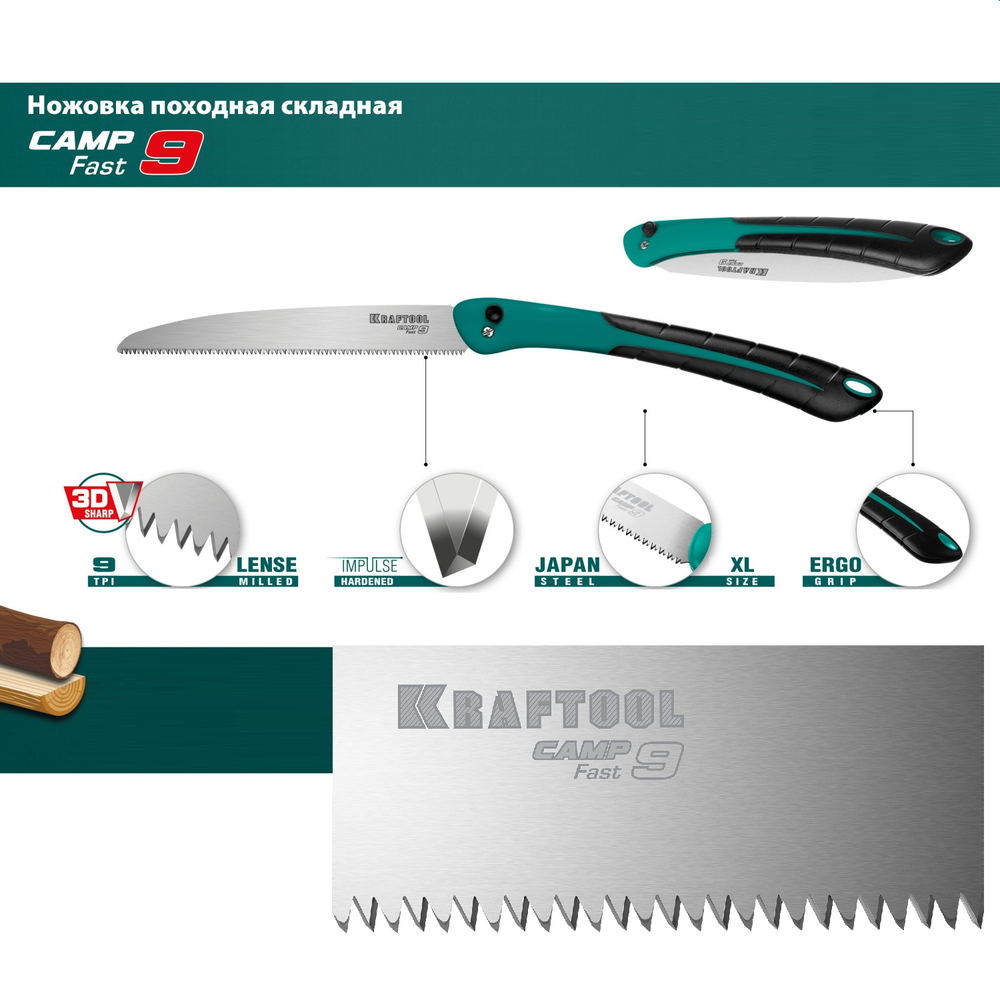 Новинка! Ножовка тип японский по дереву / пила складная KRAFTOOL Camp Fast 9, в сложенном виде 310 мм, полотно 250 мм, 9 TPI, сталь SK-5 для быстрого реза сырой древесины 15218