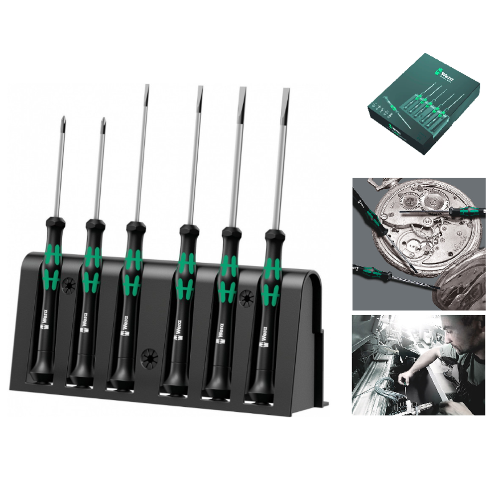 Новинка! Набор 6 предметов WERA Kraftform Micro ОТВЕРТКИ прецизионные + подставка PH 00 x 60 / 0 x 60, SL 0.30 x 1.8 для электроники, точных работ WE-118150