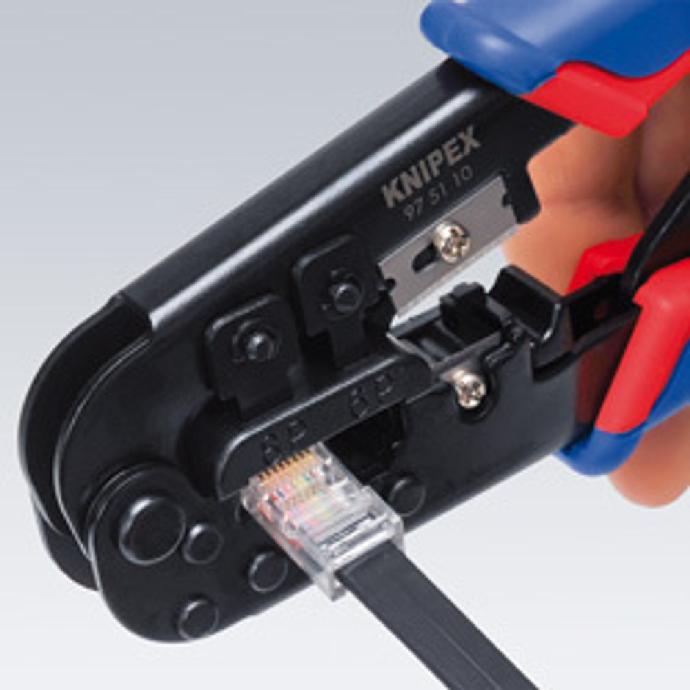 2025 ВЫГОДНЕЕ! Пресс - клещи для штекеров RJ, 2 гнезда RJ 11/12 (6-pin), RJ 45 (8-pin), 190 мм в блистере KNIPEX KN-975110SB