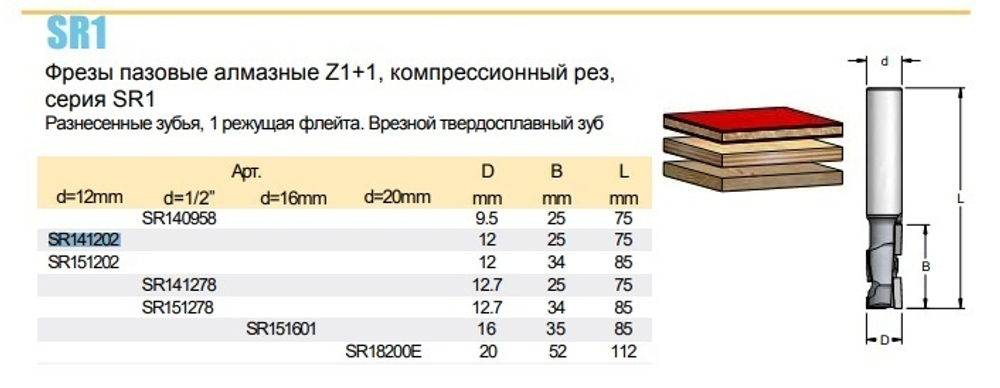 Новинка! Фреза пазовая алмазная Z 1 + 1  H 3 компрессия D 12  B 25 хвостовик 12 WPW SR141202