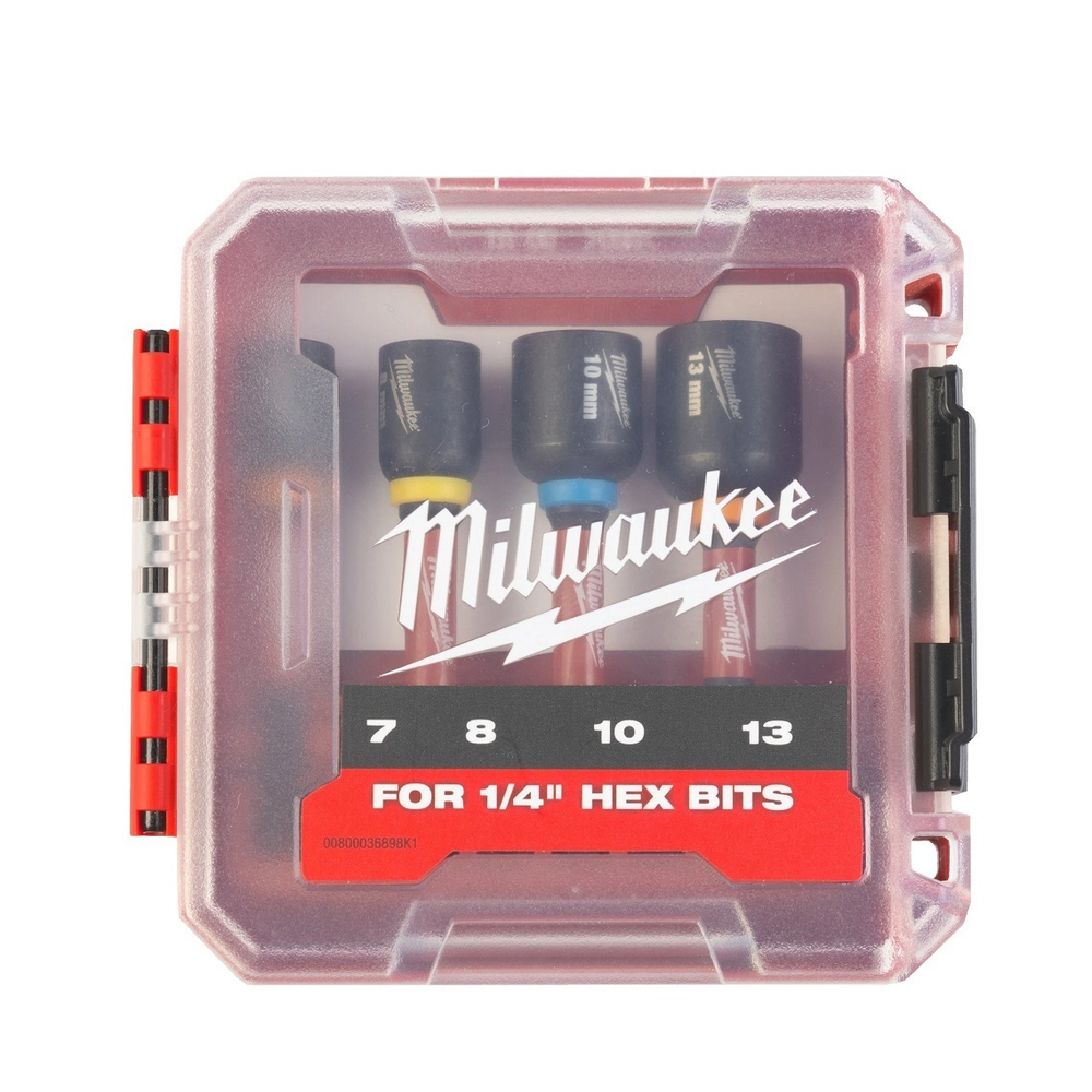 Новинка! Набор 4 предмета Насадки магнитные торцевые SHOCKWAVE хвостовик 1 / 4 дюйм HEX 7, 8, 10, 13 мм GEN II для шуруповертов с высоким крутящим моментом и импульсных винтовертов Milwaukee 4932492445