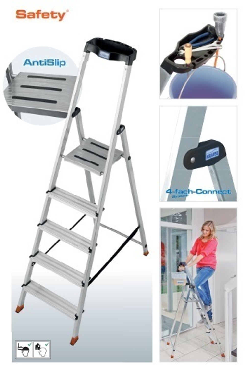 Новинка! Свободностоящая стремянка 2К заглушки 4 ступеней MONTO SAFETY Krause 128942
