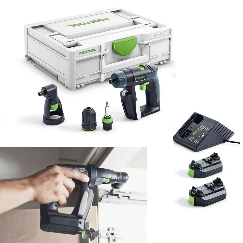 ХИТ! Аккумуляторная дрель-шуруповёрт FESTOOL CXS 10,8 В 2,6-Set с 2 шт Аккумуляторами, Устройством быстрозарядным ПЛЮС Насадка угловая 576093