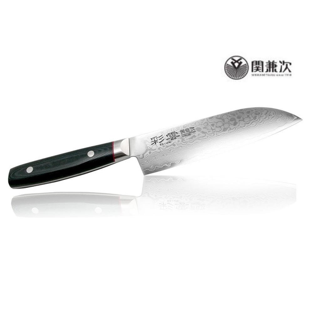 Шеф Нож японский кухонный Сантоку Kanetsugu Saiun Damascus длина лезвия 170 мм сталь VG-10 33 слоя, рукоять микарта, заточка 10000 Tojiro 9003